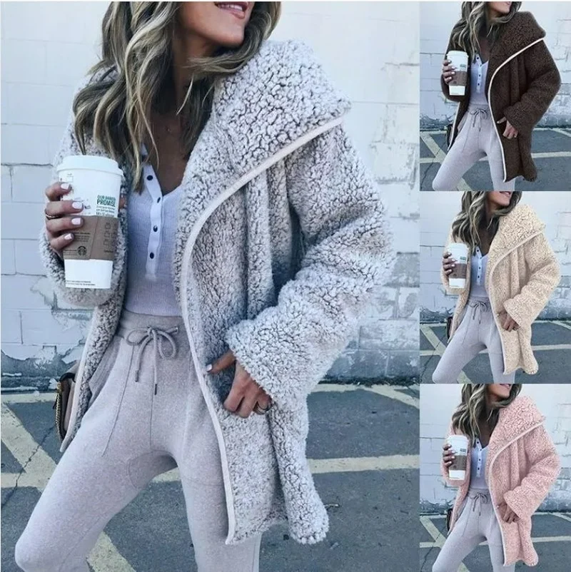

Fall 2022 Women Long Sleeve Medium Long Plush Trench Coat Lamb Wool Coat Sweater Korean Tops Hoodies Women