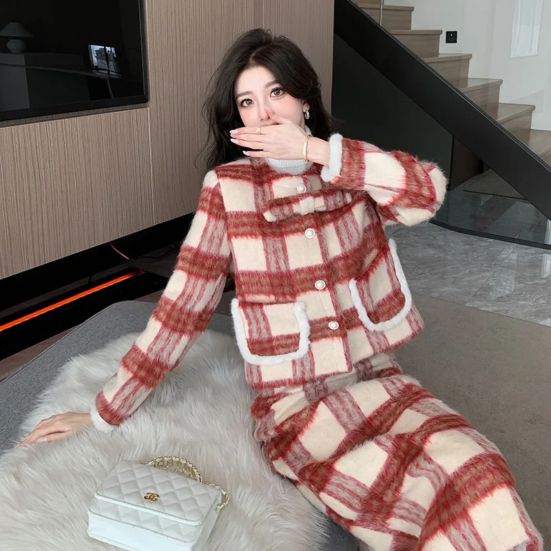 Новогодний мягкий клетчатый твидовый комплект для вечеринки из двух предметов