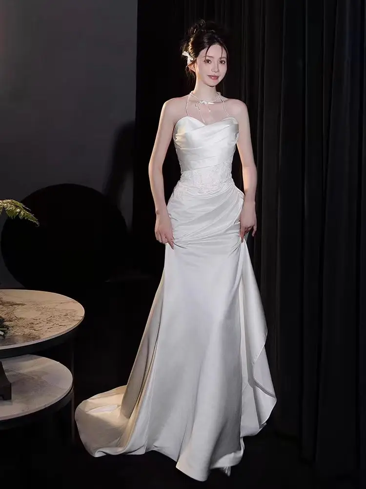 Французское белое топ-труба атласное легкое свадебное платье простое вечернее