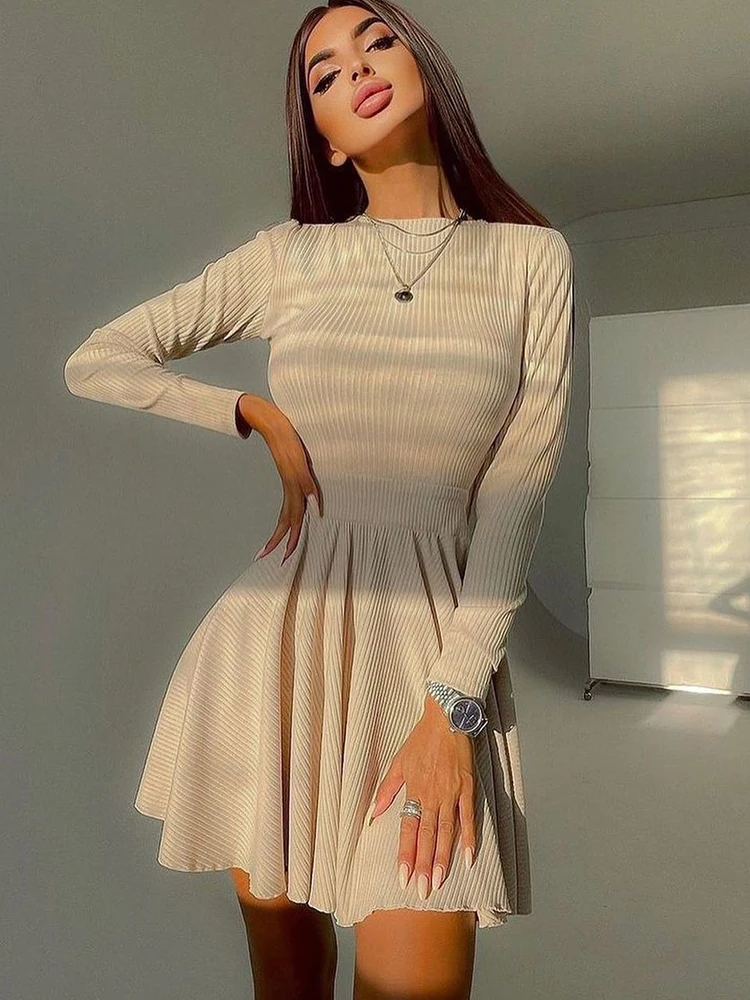 

Back Hollow A-Line Women's Dress Sexy Mini Party Dresses for Women Spring New Solid Round Neck Long Sleeve Streetwear Robe Femme