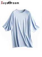 suyadream woman summer bf tee silk cotton blend oversize solid cosy t shirts 2022 candy colors top white blue