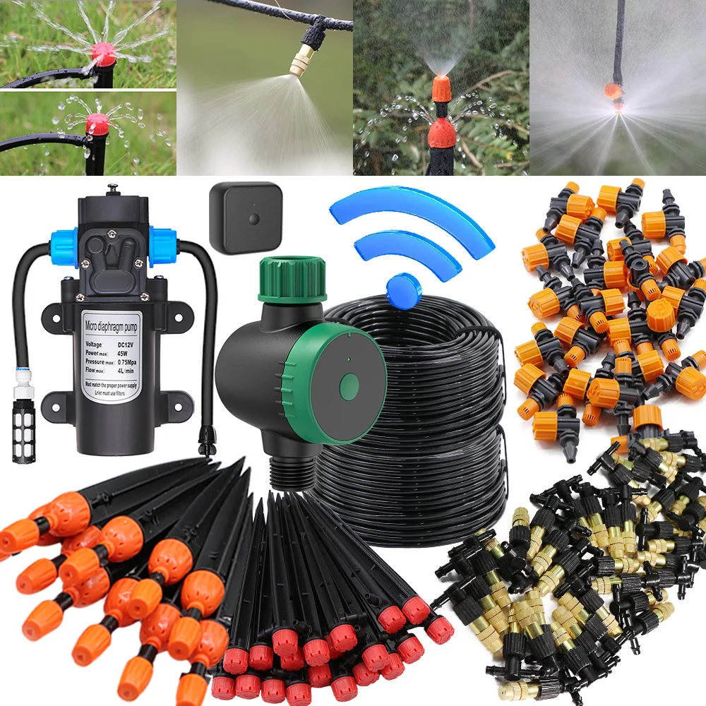 

10-50M DIY Drip Irrigation System Automatic Watering Smart WIFI/LCD Digital Timer High Pressure Water Pump Mist Nozzle Sprinkler