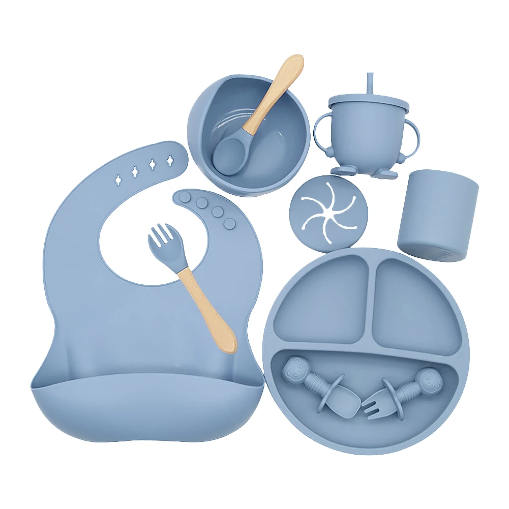 Baby Soft Silicone Tableware Set Baby Feeding Dishes Plate Sucker Bowl Bibs Spoon Fork Set Children Non-slip Dinnerware BPA Free images - 6