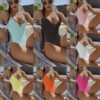 2022 sexy bikinis solid color one piece swimsuit women hollow out swimwear female halter cross strap push up beach bathing suit