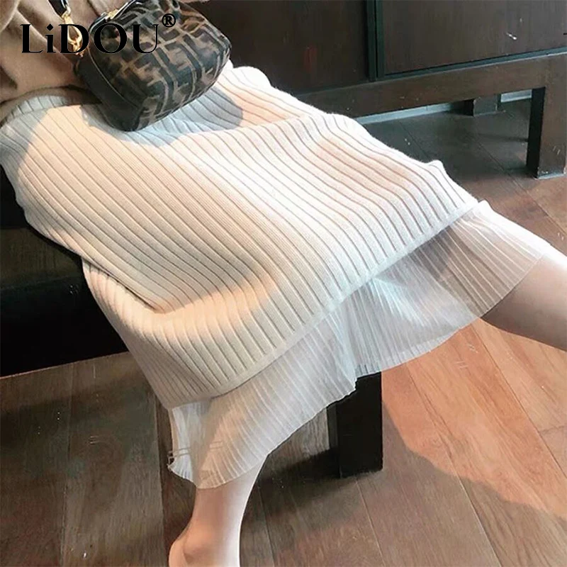 

Autumn Winter Elegant Fashion Solid Mesh Patchwork Knitting Skirt Ladies Temperament All-match Bodycon Skirts Women's Clothing
