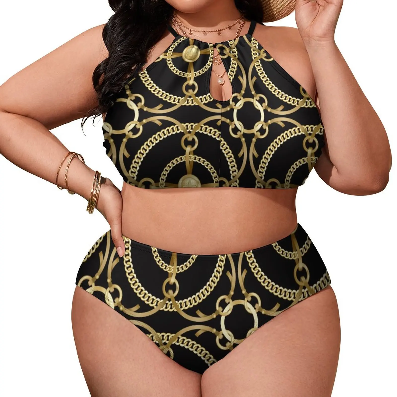 

Golden Chains Print Bikini Swimsuit Modern Art Swimwear Sexy Push Up Cute Bikini Set Women Surfing Oversized Feminine Bikinis