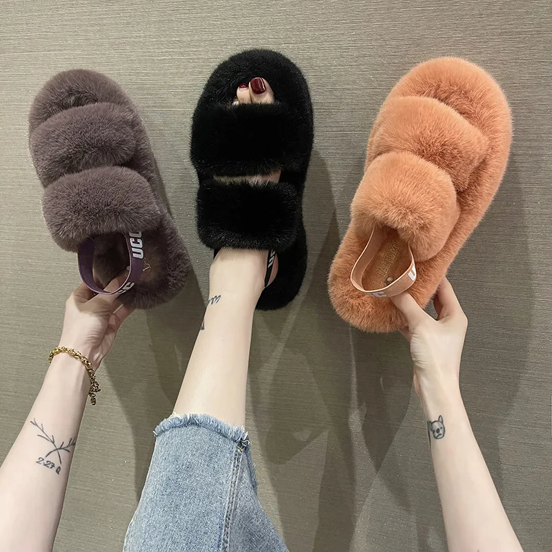 Women Fuzzy Sliipers for Winter Slip on Warm Fashion Cute Home Indoor Sandals Elegant Fluffy Open Toe Flip Flops Floor Shoes