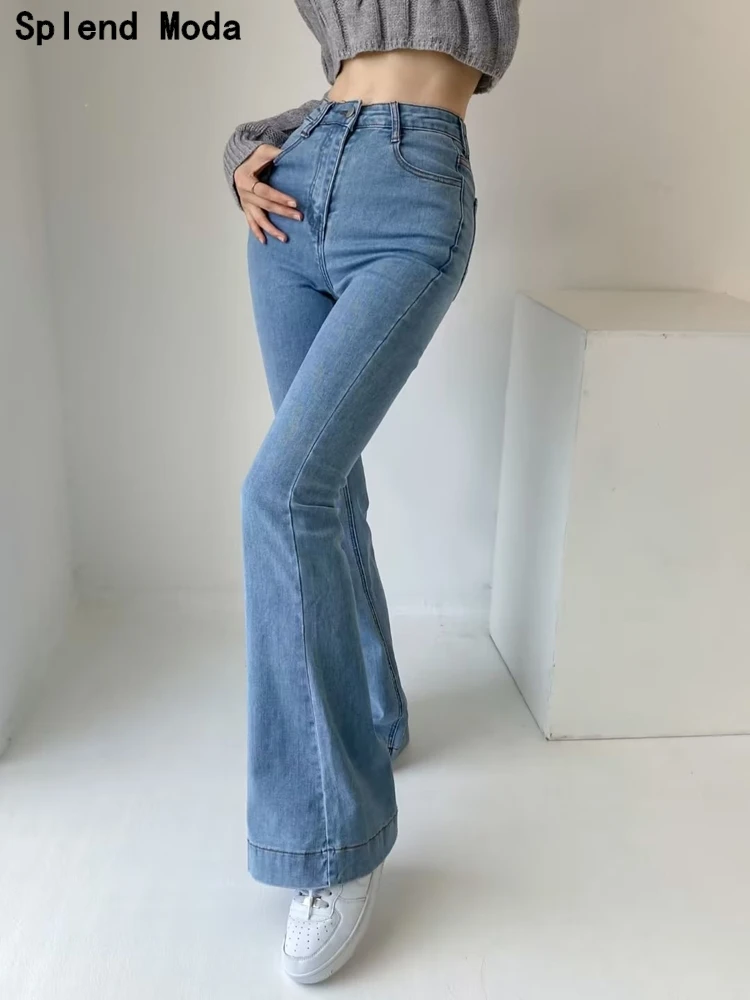 

Splend Moda 2023 Women Spring Fashion Young Style Elastic Tight Denim Flare Pants Streetwear High Waist Jeans Chic Solid Trouser