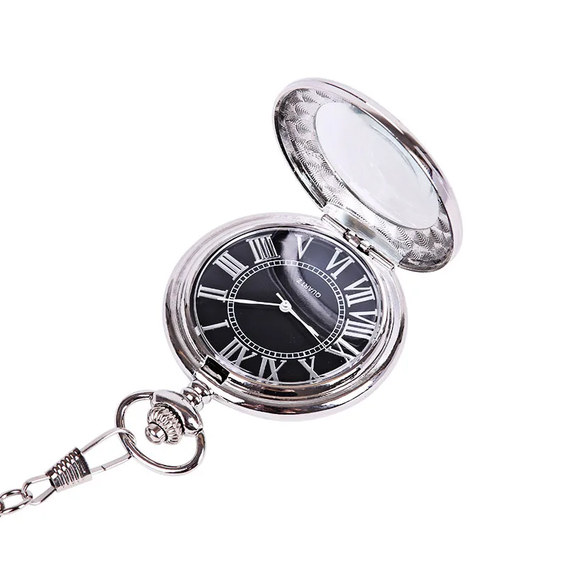 Luxury Black Mechanical Pocket Watch for Men Women Transparent Case Roman Numeral Dial Fob Chain Pendant Clock for Collection