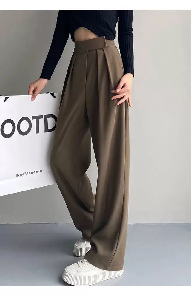 

XUAN Phd Brown Wide Leg Women Classic Suit Pants Vintage Palazzo Office Elegant Casual Black Trousers Female High Wasit Pants