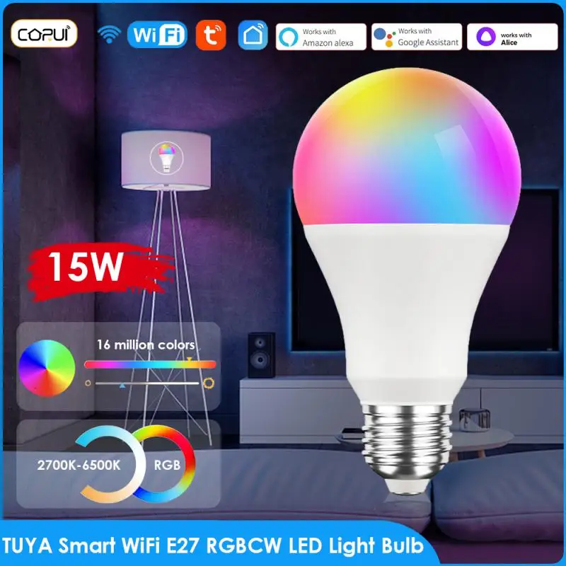 

Hot 15W E27 Tuya Smart WiFi LED Light Bulb B22 RGBCW Dimmable Lamp Dimmable Magic Bulbs Work With Alexa Google Home Alice