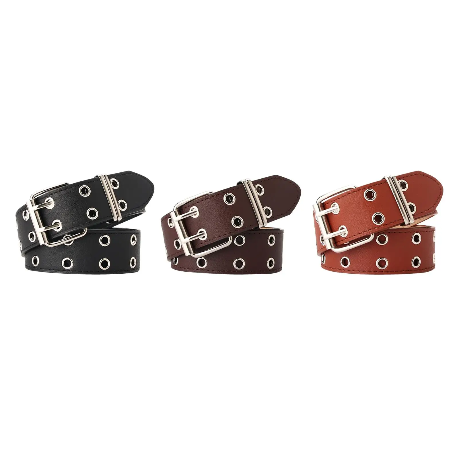 

Double Grommet Belt Gothic PU Leather Punk Double Prong Buckle for Men Women