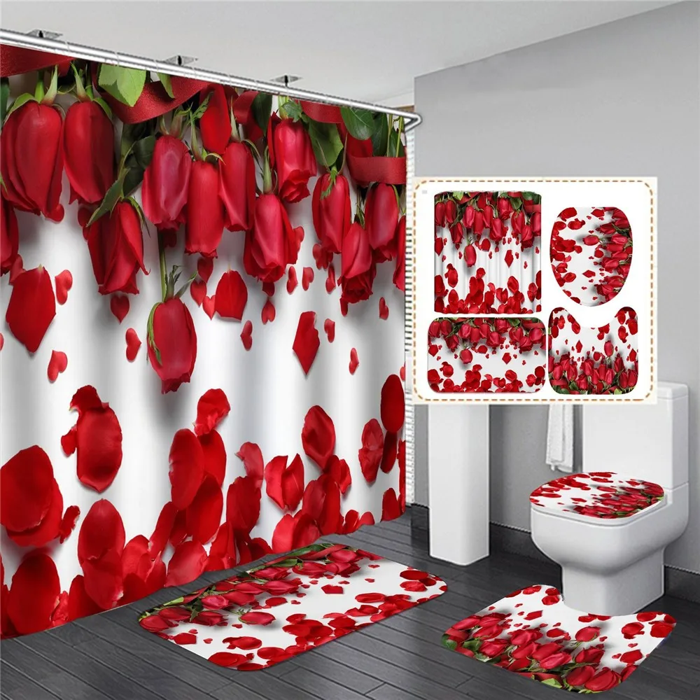 

Занавеска для душа с красными розами на День святого Валентина, водонепроницаемые романтические Ландшафтные шторы с романтическими цветами, Противоскользящие коврики, коврик для крышки туалета