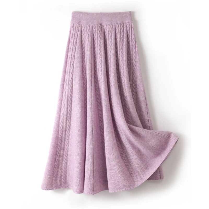 

ANNIDAIBEI 100% Merino Wool Ladies High Waist Knitted Umbrella 2022 Autumn Winter New Fashion Twist Long Pleated Skirt