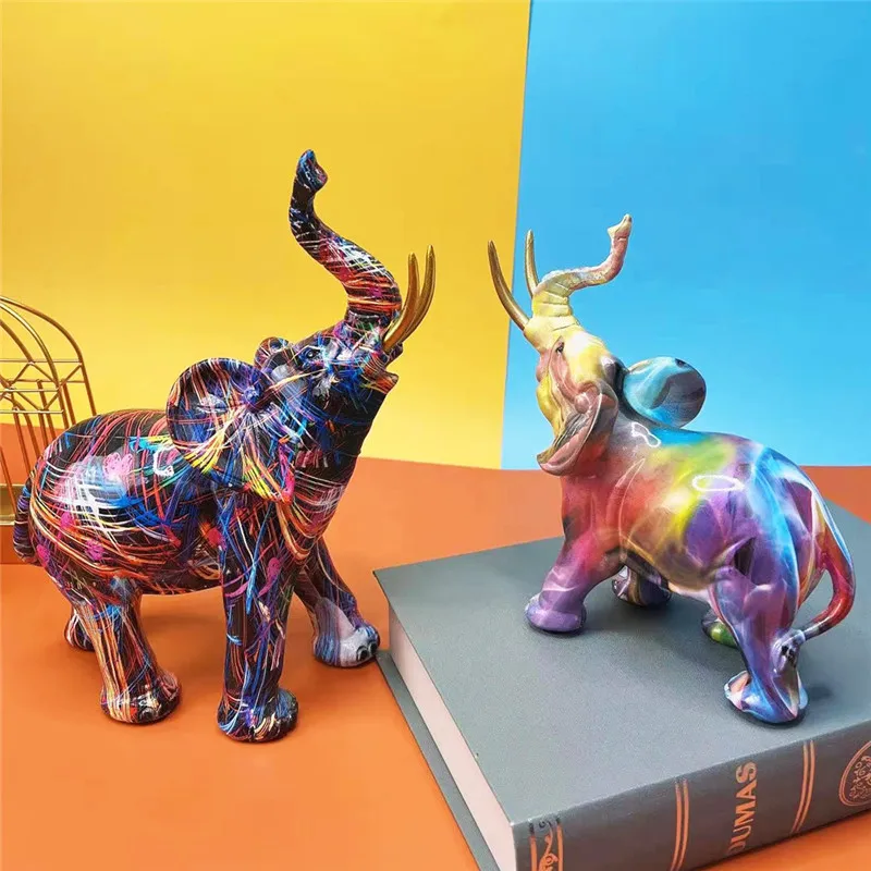 

Graffiti Colorful Painting Elephant Resin Sculpture Figurine Art Elephant Statue Creative Crafts Home Porch Desktop Decor