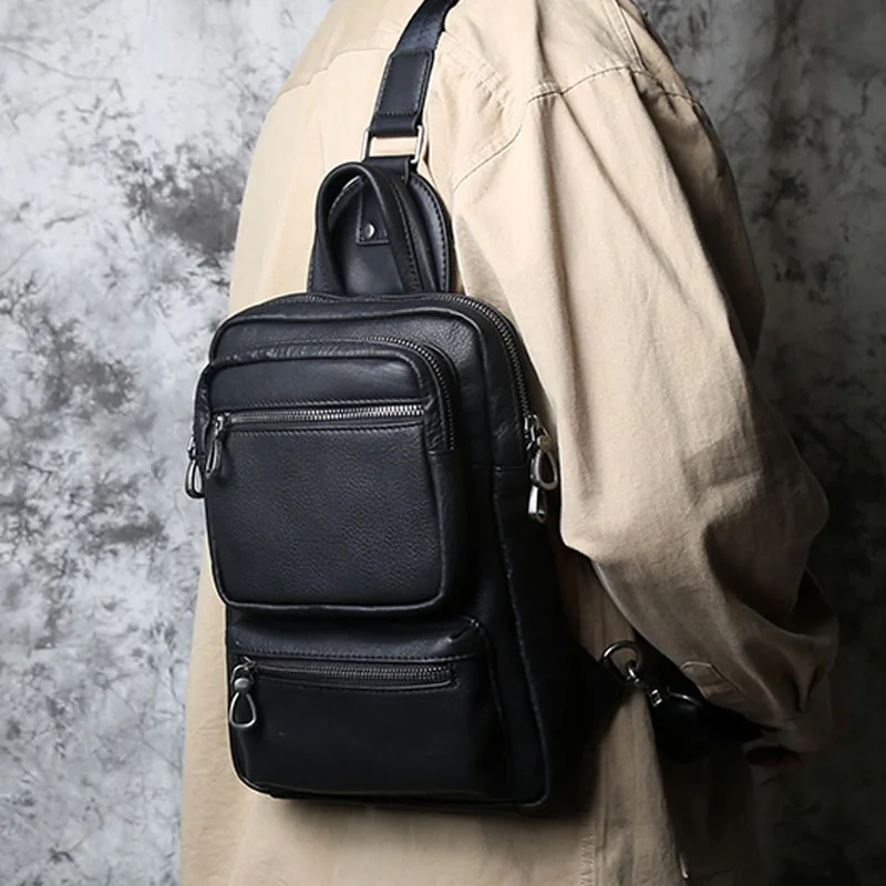 AETOO  New men's leather chest bag messenger bag multifunctional small backpack trendy shoulder bag casual top layer cowhide men