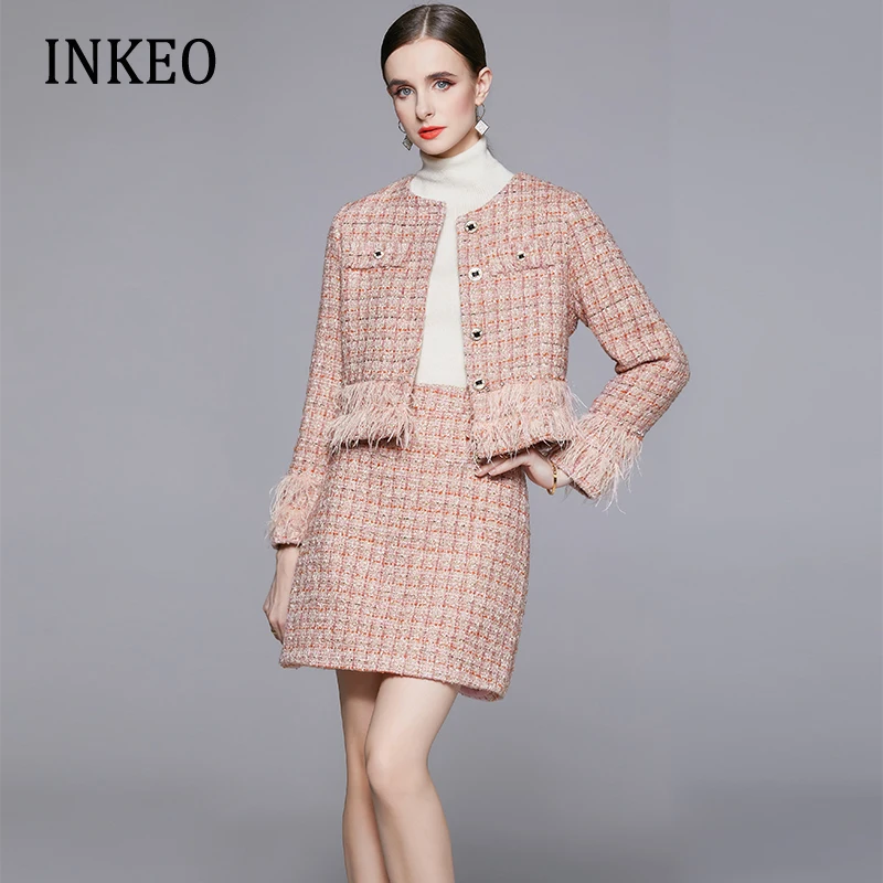 High street Feather Blazer Tweed jacket Sweet Office lady 2 Piece set Spring Autumn Short coat Mini skirt 2023 New INKEO 2O321