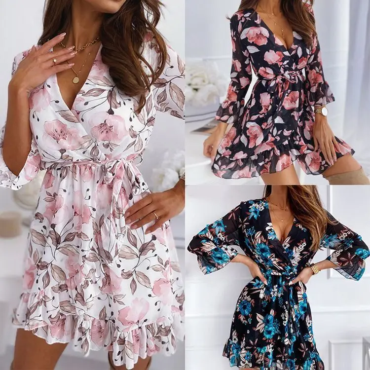 

Women's Dress 2022 Summer Novelty V Collar Flower Print Laced Romantic Leisure Flounder Coverall Women's Gown