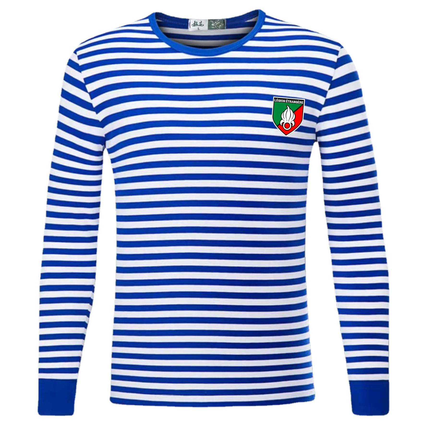 

Navy Telnyashka Legion Etrangere Rep Foreign Legion Logo Sailor's Striped Shirt 100% Cotton Long Sleeve Mens T-Shirt Breton Top
