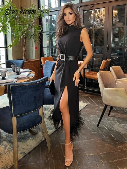 Fashion Black Feather Split Midi Dress 2022 New Summer Women's Sexy Sleeveless Belted Celebrity Club Party Dress Vestidos 1