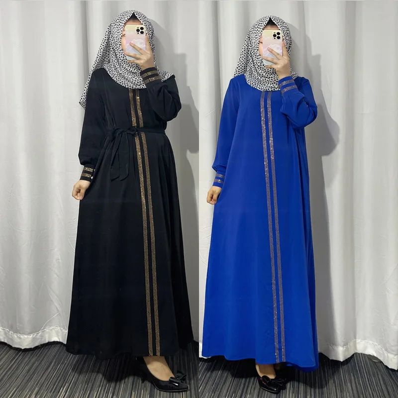 2022 Plus Size Diamond Shiny Boubou Long Sleeve Dress Black Bangladesh Women Lace Maxi Abaya Dubai Turkey Muslim Hijab Dress