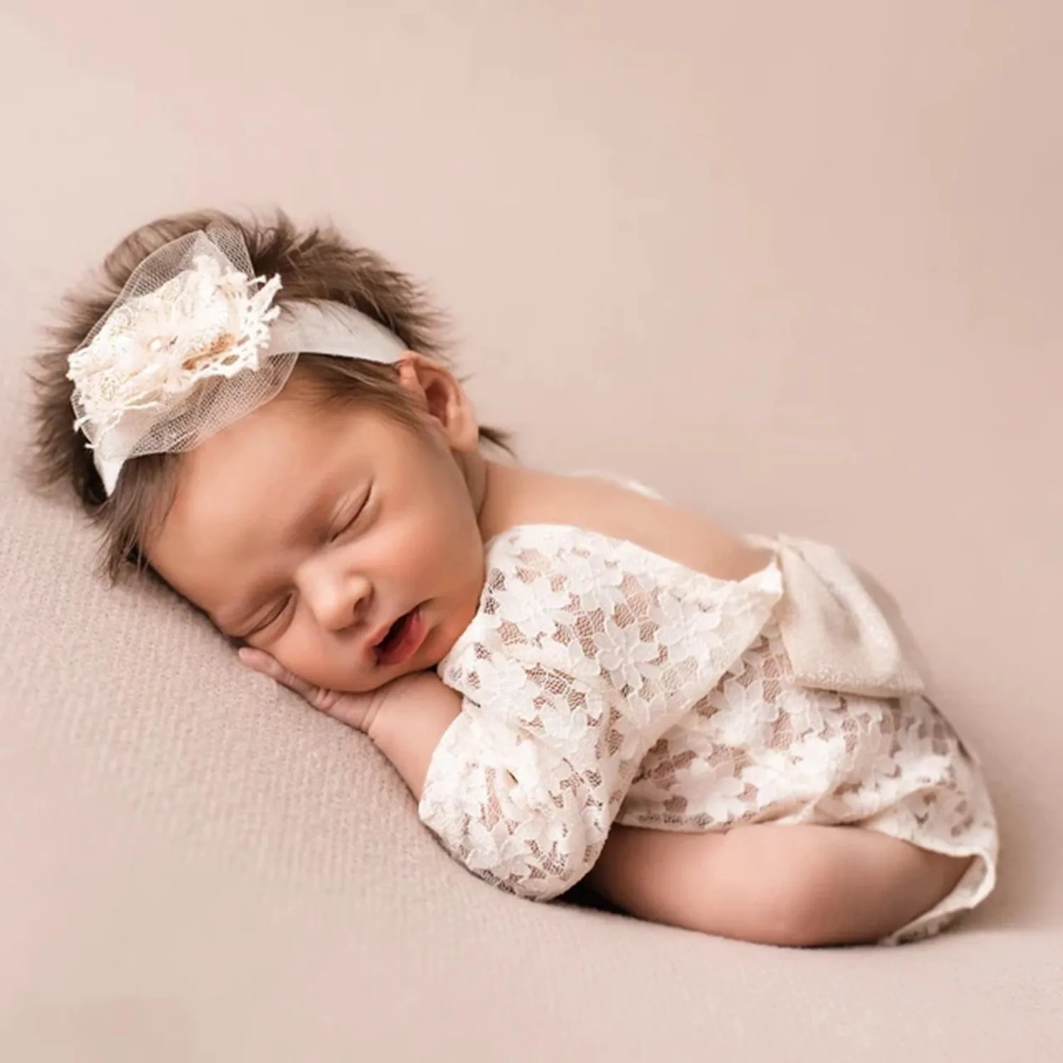 

Newborn Photography Clothing Bow Headband+Romper 2Pcs/Set Baby Girls Photo Prop Accessories Infant Shoot Lace Clothes White New