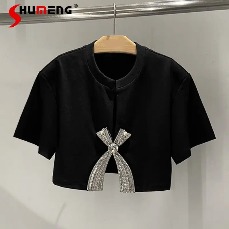 

2023 Summer Short Sleeve Black All-Matching Slim Fit Half Sleeve Sequined Women's Top Simple Bow Short T-shirt Female