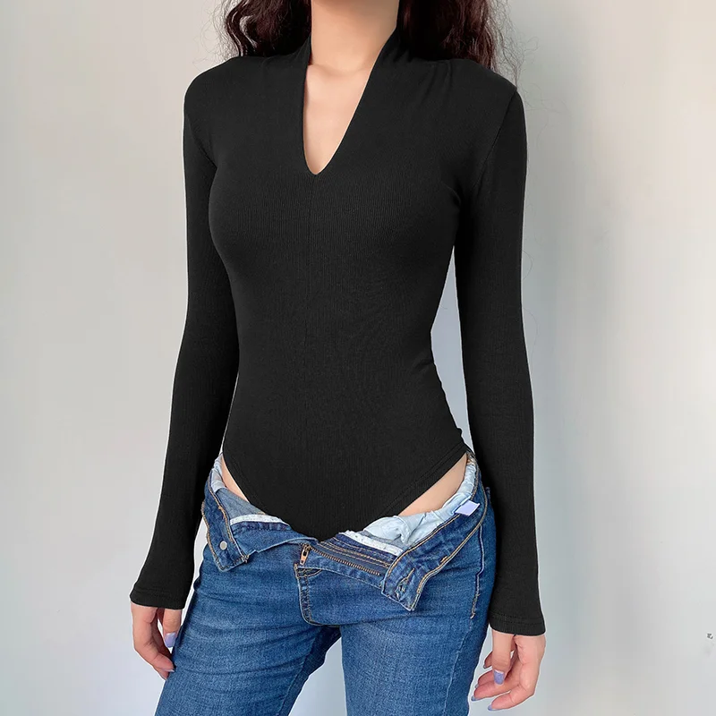 

Women Basic Top Tight Knit V-neck Bodysuit Slim Bottomed Shirt Long Sleeve