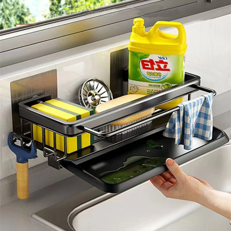 Фото Подвесная полка-органайзер для мыла и губок, алюминиевая, для ванной и кухни, для хранения шампуня, с дренажем для раковины №1