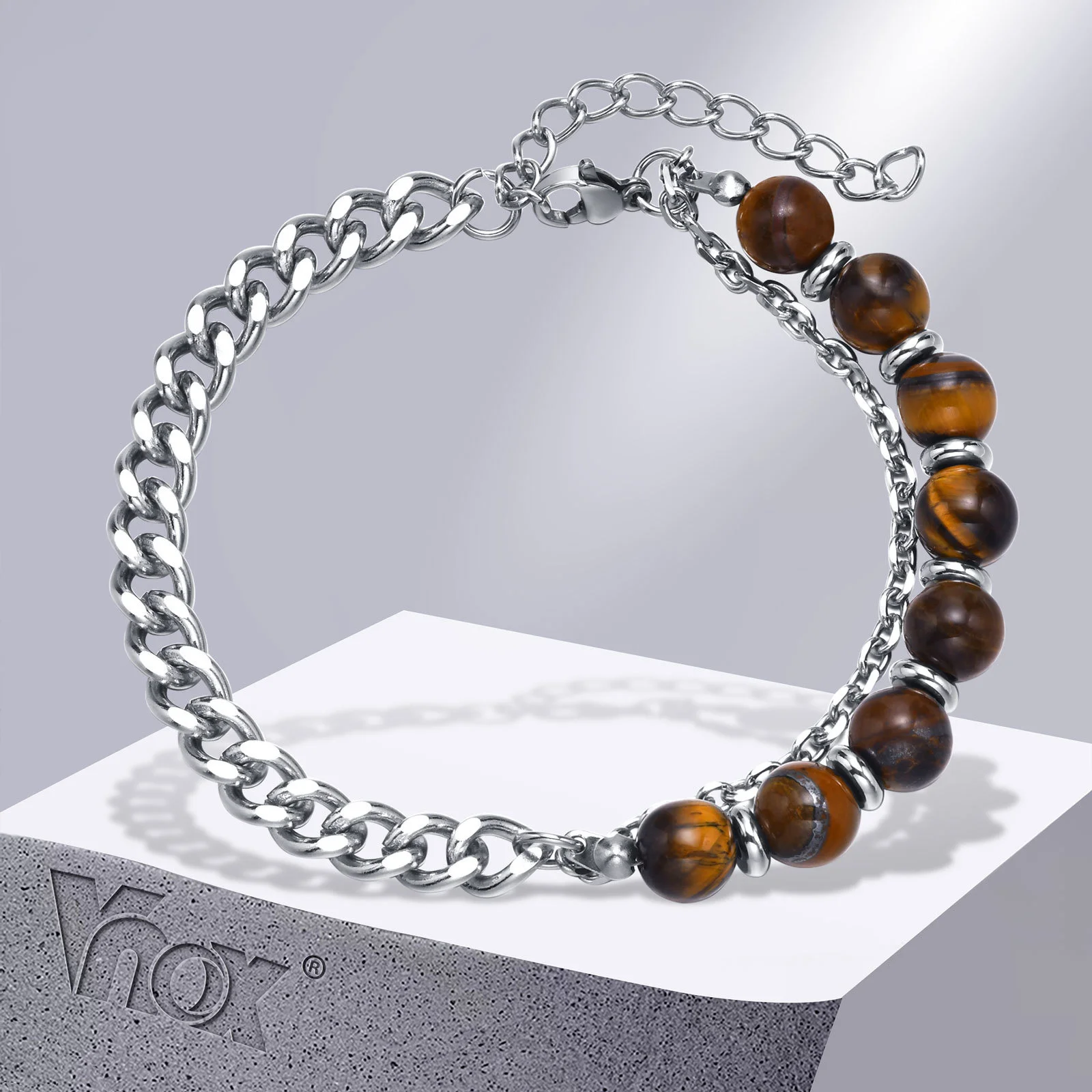 

Vnox Cuban Chain Bracelets for Men, Tiger Eye Map Stone Beads Bracelets, Never Fade Stainless Steel Curb Anchor Links Wristband