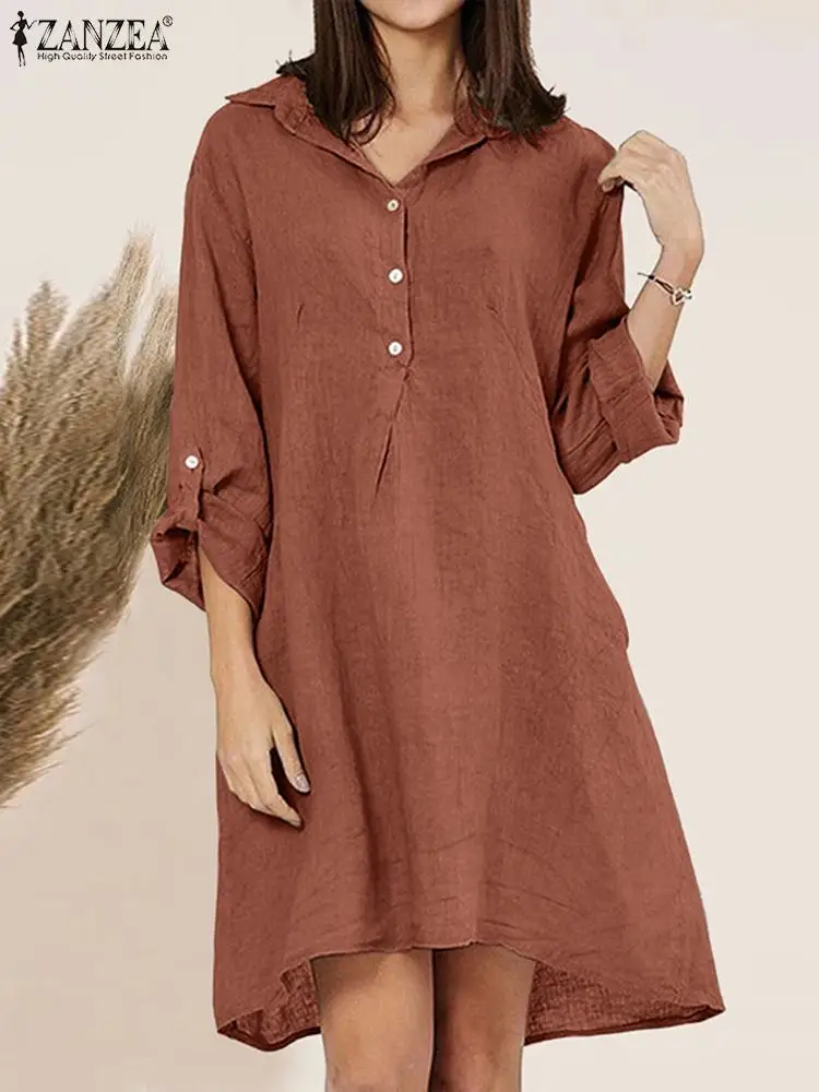 

Осеннее платье-рубашка с отложным воротником и длинным рукавом ZANZEA элегантное женское однотонное офисное платье до колена Повседневное пл...
