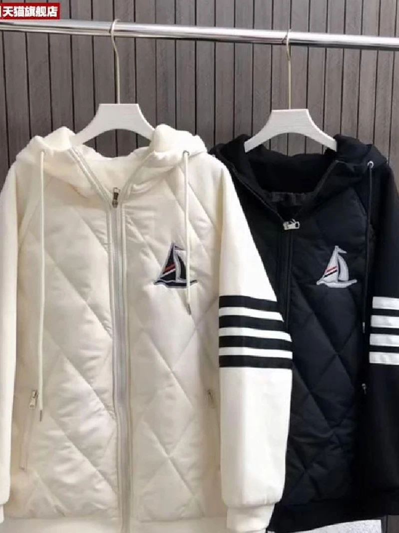 Autumn and Winter Embroidery Patchwork Sailing Cotton-Padded Coat Preppy Solid Jacket Warm Couple Hood Cotton-padded jacket O...