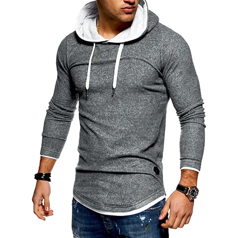 

Spring 2023 new Cotton blend patchwork hem X-shaped leather label design mens long-sleeved hooded T-shirt Grey black