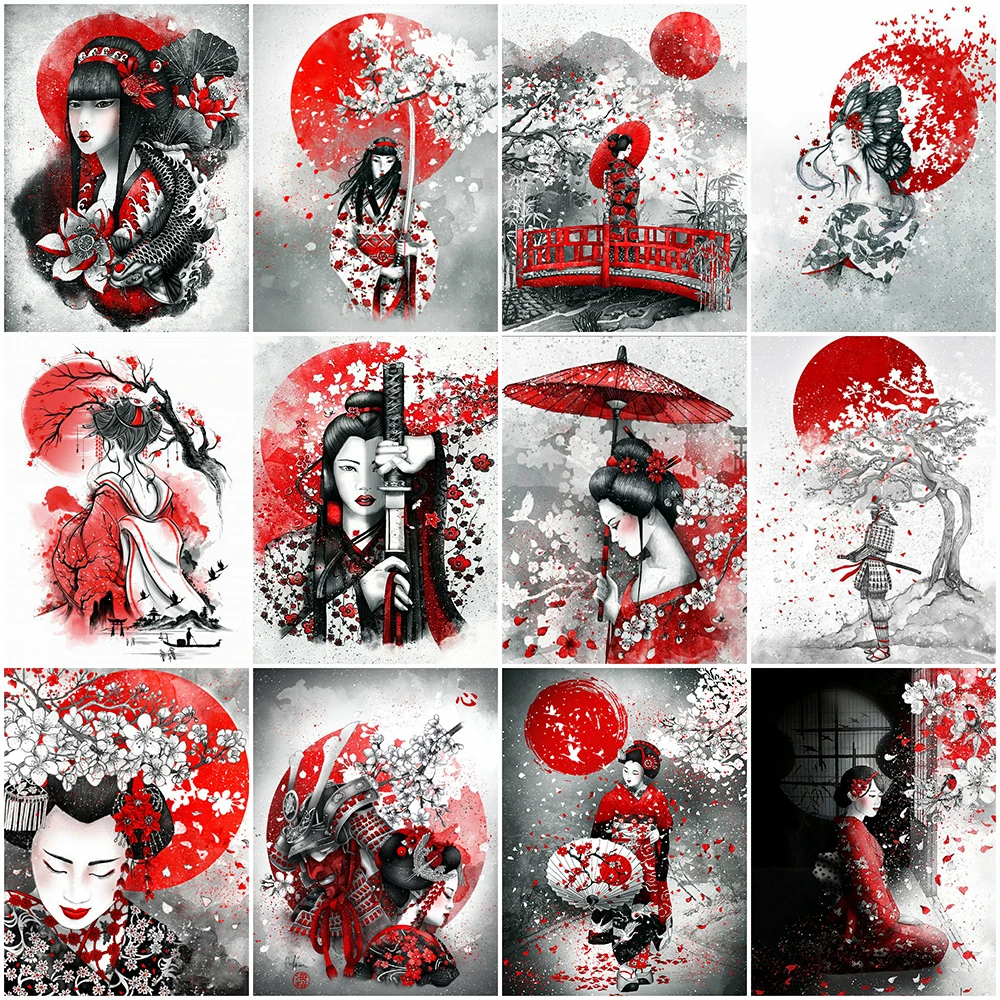 

EverShine Diamond Embroidery Japanese Geisha 5D DIY Diamond Painting Portrait Black Red Beads Mosaic Art Rhinestone Pictures