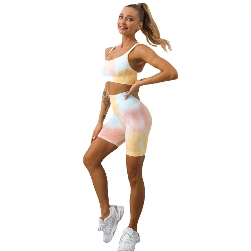 Women Dye Sportswear Yoga Set Workout Leggings Push Up Pant Gym Shorts Seamless Fitness Sports Bra Tracksuit Yoga Suit