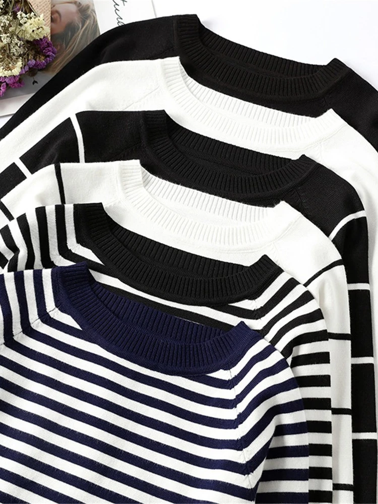 

SVOKOR Striped Sweater Knitted Pullover Women O-Neck Tops Long Sleeve Jumper Autumn Winter Casual Wear Korean Soft Streetwear