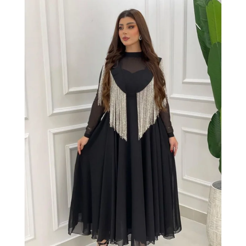 Ramadan Long Dress Moroccan Caftan 2023 Women's Spring Summer Big Swing Sexy High Tassel Waist Splice Chiffon Evening Dress