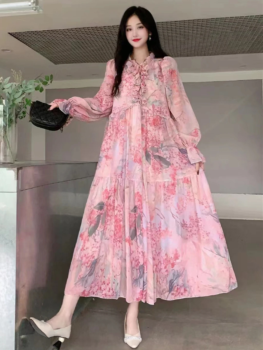 

Женское длинное платье с оборками, Элегантное Вечернее свободное платье с длинным рукавом и цветочным принтом, весна-осень 2024