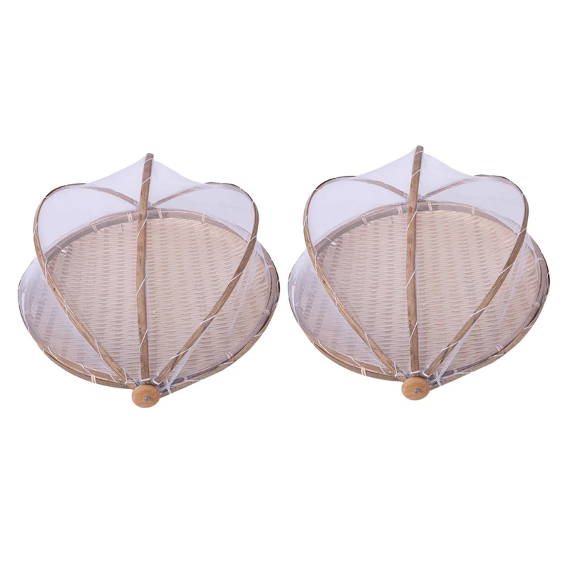

JHD-2X Bamboo Woven Bug Proof Wicker Basket Dustproof Picnic Fruit Tray Food Bread Dishes Cover With Gauze Panier Osier