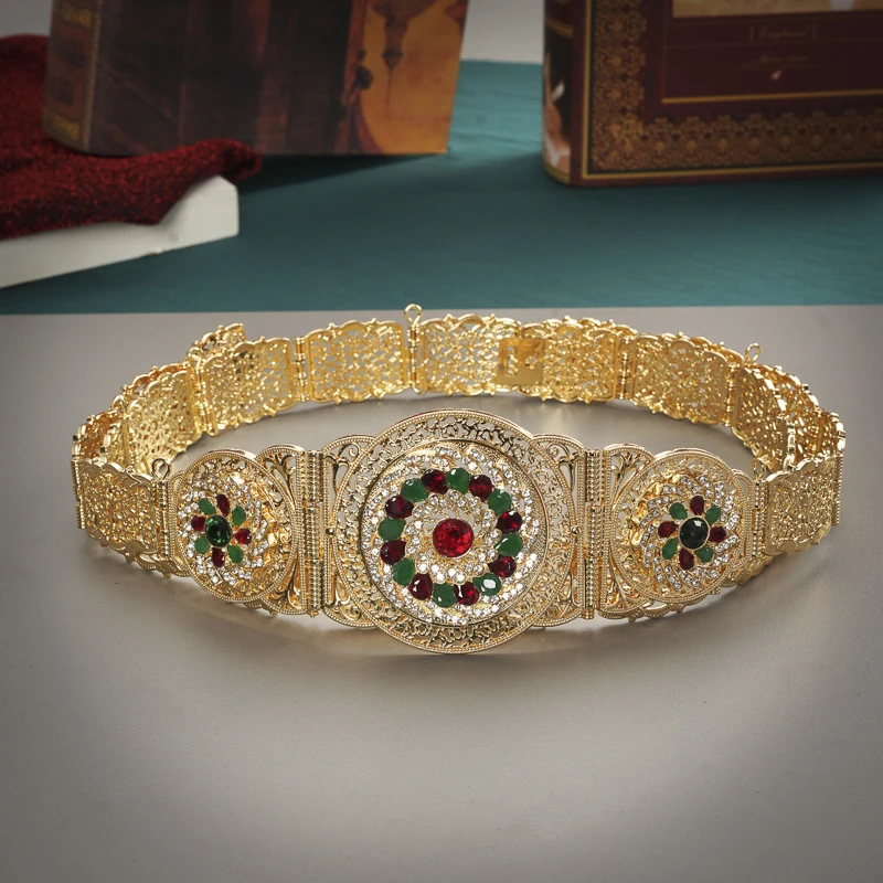 

Пояс для арабского женского Халата с золотыми, красными, зелеными и белыми камнями, пояс с металлической цепочкой на талию для свадебного пл...