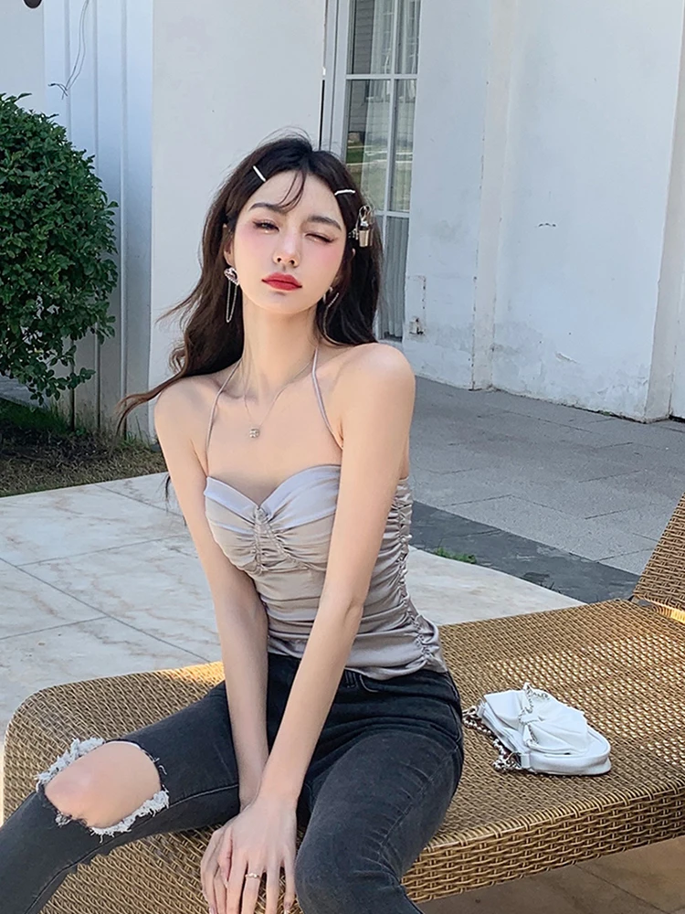 Кроп-топ женский серебристый Шелковый базовый пикантный жилет халтер без