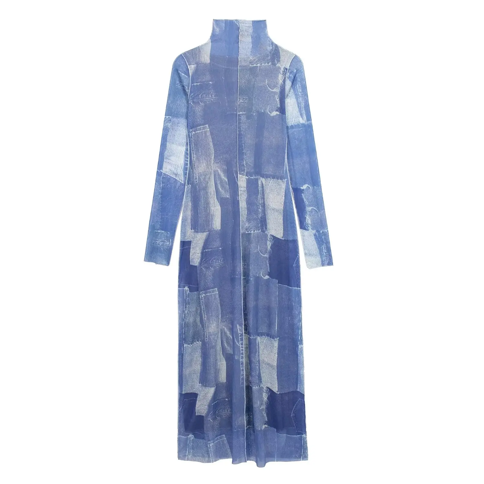 

VANOVICH Autumn Women's European and American Style Fashion Temperament Loose Waist Turtleneck Patchwork Plaid Long Casual Dress