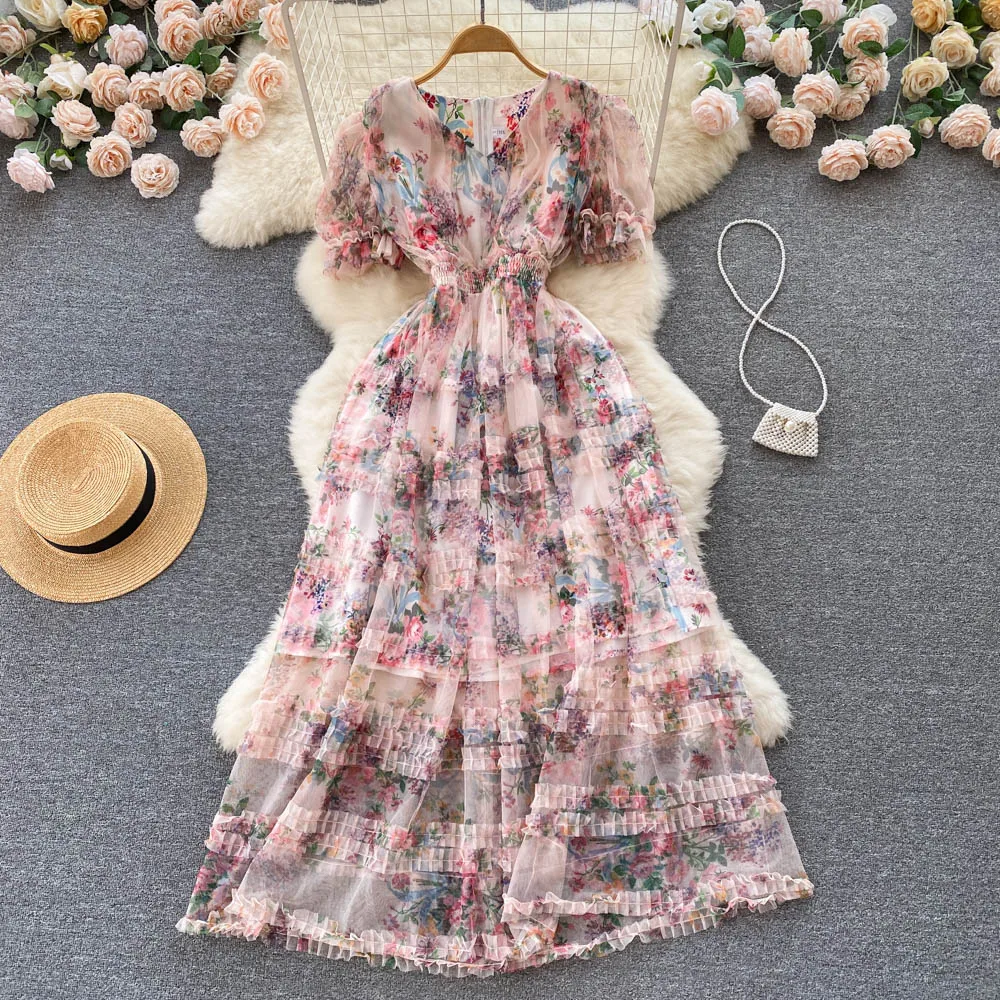 

VANOVICH 2022 Summer New Sweet French Elastic Waist Dress Fashion Temperament Mesh Floral Puff Sleeve V-Neck A-LINE Long Dress