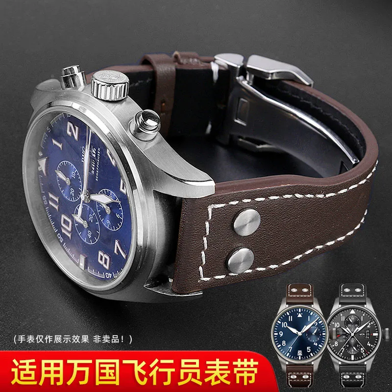 Фото Ремешок для часов IWC PILOT Mark из воловьей кожи, браслет из натуральной кожи с бамбуковыми заклепками, темно-коричневый черный, аксессуары для ч... №2