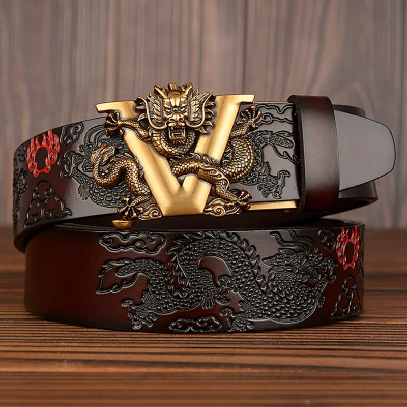 New Male China Dragon Belt Cowskin Genuine Leather Belt for Men Carving Dragon Pattern Automatic Buckle Belt Strap For Jeans