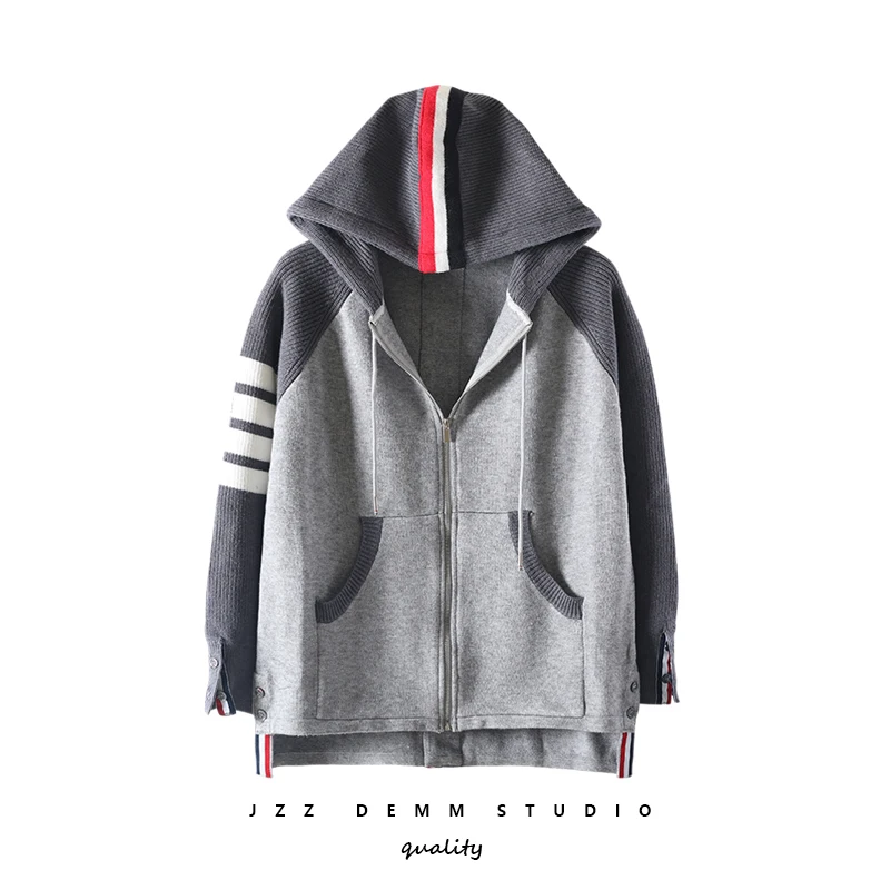 TB Spring, Autumn and Winter Three-color Striped Stitching Top Cardigan Coat Hooded Loose Long-sleeved Sweater Women's Tide