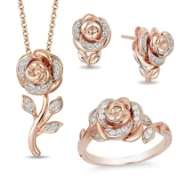hot sales women fashion rhinestone rose flower pendant necklace earrings ring jewelry gift