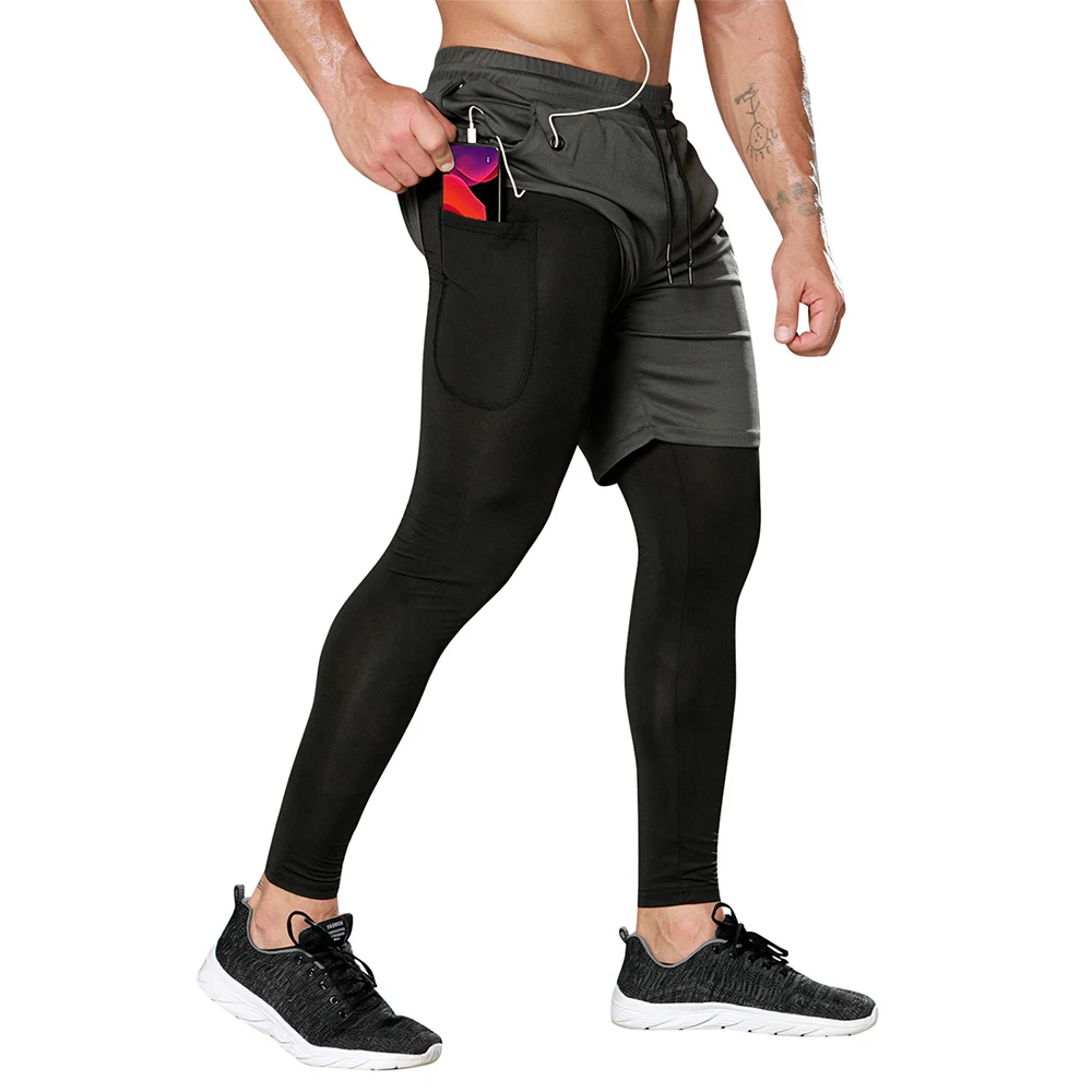 Mallas de camuflaje de compresión de doble capa para hombre, pantalones de chándal para gimnasio, entrenamiento, trotar, Fitness, con bolsillos para teléfono