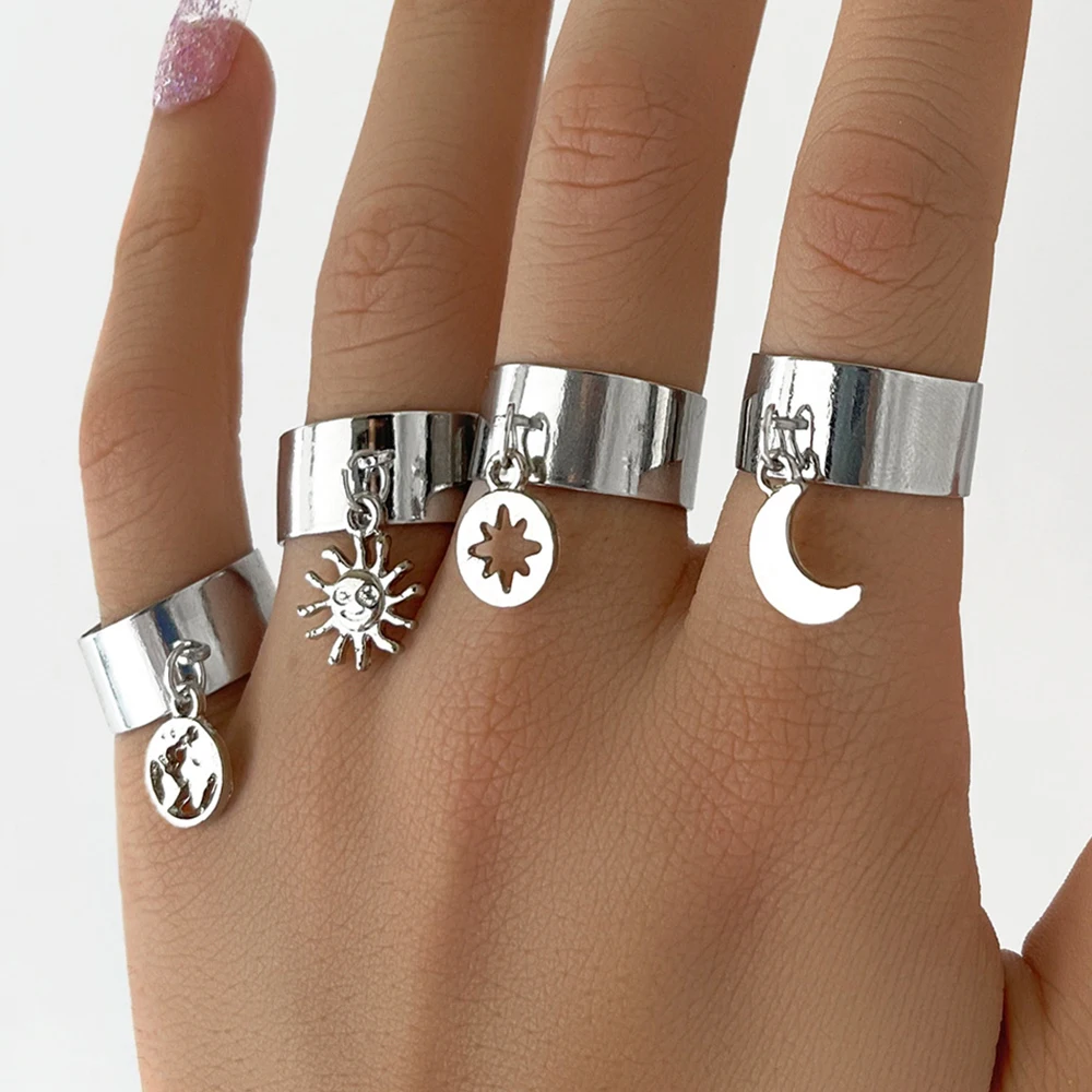 

High Quality Fashion Sun And Moon Map Ring Men And Women Birthday Gift Open Ring Adjustable Four-Piece Set