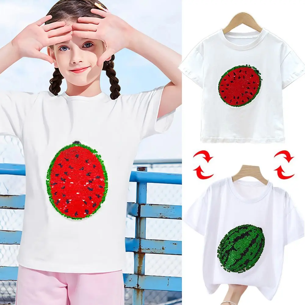 

Boys Girls Cartoon Half Sleeve Reversible Color Short Sleeves Watermelon Sequins T-shirt Cotton Children's Clothing